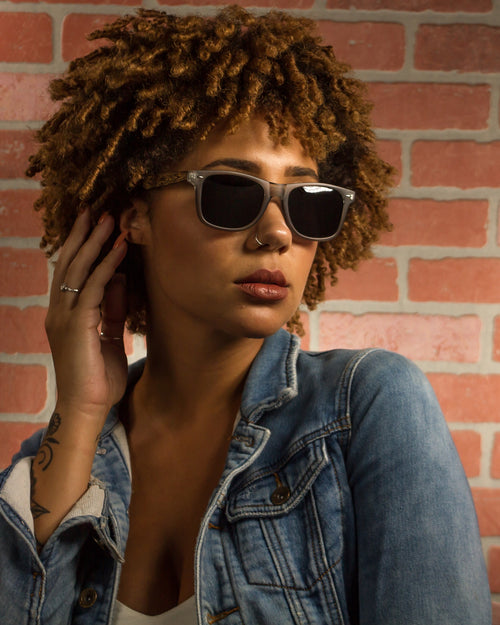 Rockport Polarized Round Bamboo Sunglasses worn by a customer model