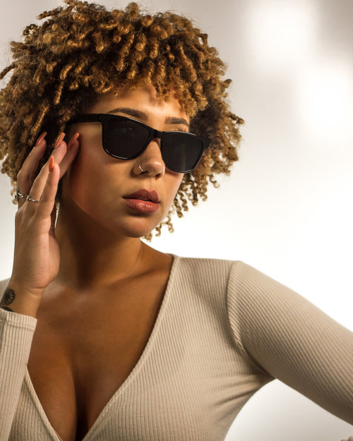 Mount Diablo Polarized Square Acetate + Wood Sunglasses worn by a customer model
