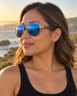 Anchor Bay polarized sunglasses worn by a woman on a sea cliff path on the Mendocino coast