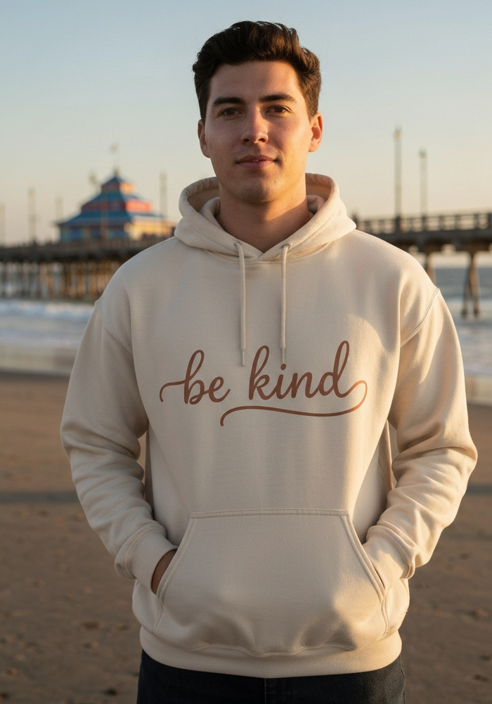Be Kind Script Hoodie — Men's front view. Cali Life Co. California apparel, designed in San Diego