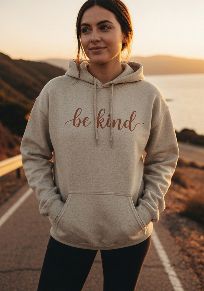 Be Kind Script Hoodie — Women's front view. Cali Life Co. California apparel, designed in San Diego
