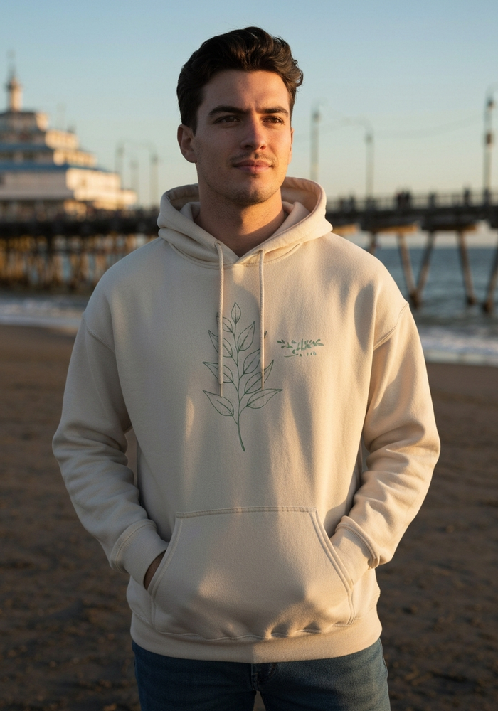 Eucalyptus Sprig Hoodie — Men's front view. Cali Life Co. California apparel, designed in San Diego