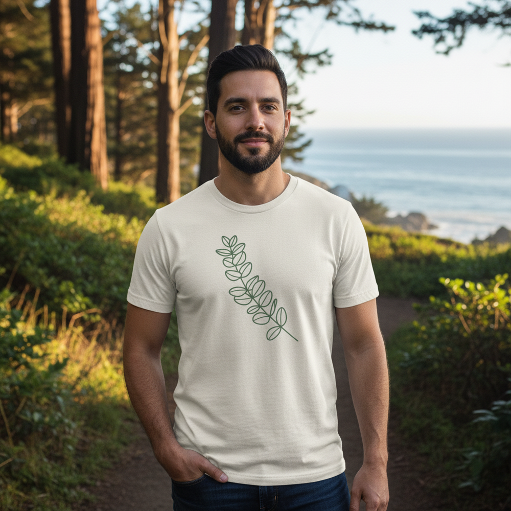 Eucalyptus Sprig Tee — Men's front view. Cali Life Co. California apparel, designed in San Diego