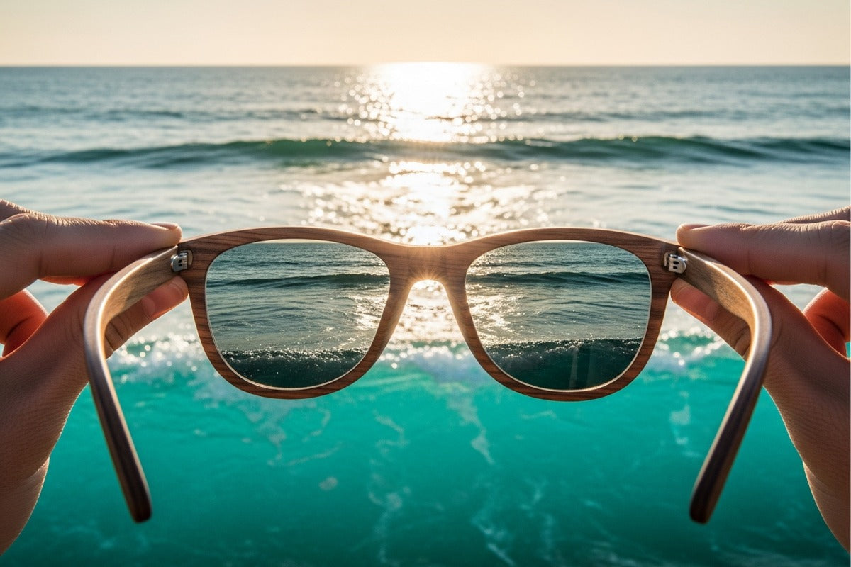 Holding polarized Cali Life sunglasses up to the California sun — glare eliminated through lens