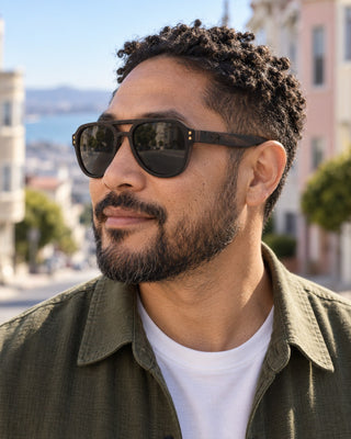 North Beach polarized sunglasses worn by a man on a sunny San Francisco street