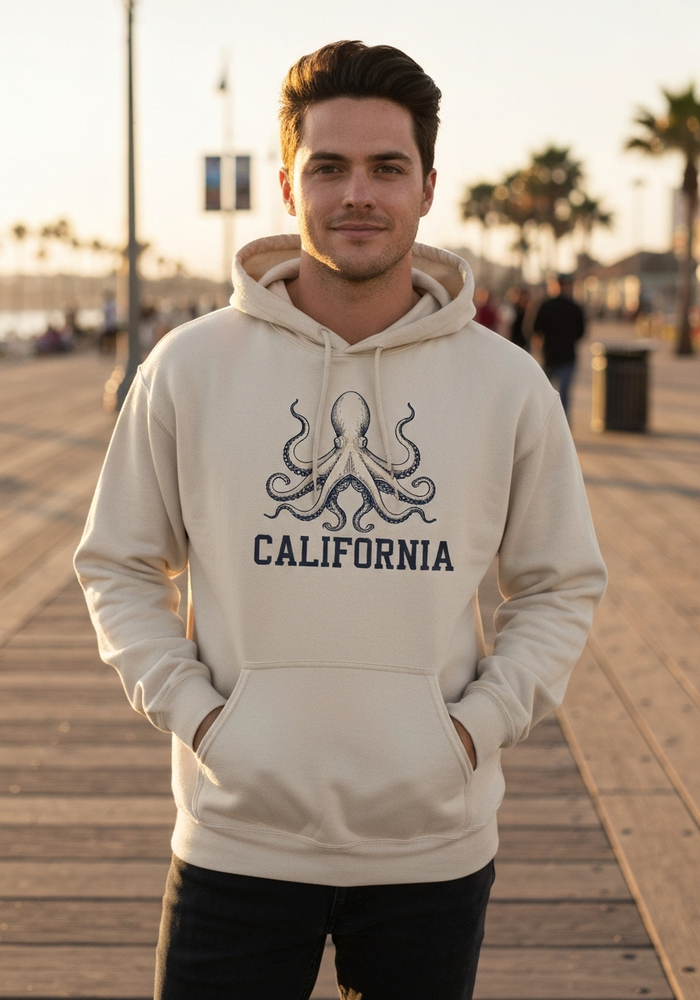 Octopus Art California Hoodie — Men's front view. Cali Life Co. California apparel, designed in San Diego