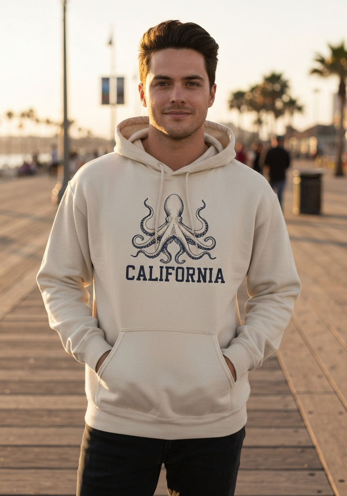 Octopus Art California Hoodie — Men's front view. Cali Life Co. California apparel, designed in San Diego