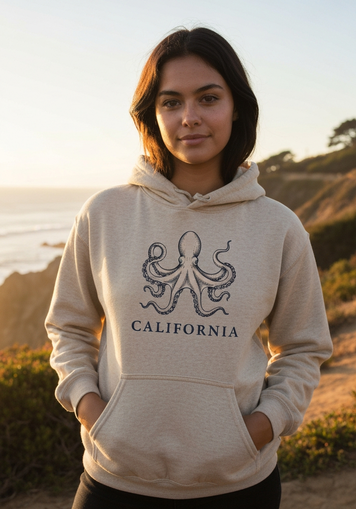 Octopus Art California Hoodie — Women's front view. Cali Life Co. California apparel, designed in San Diego