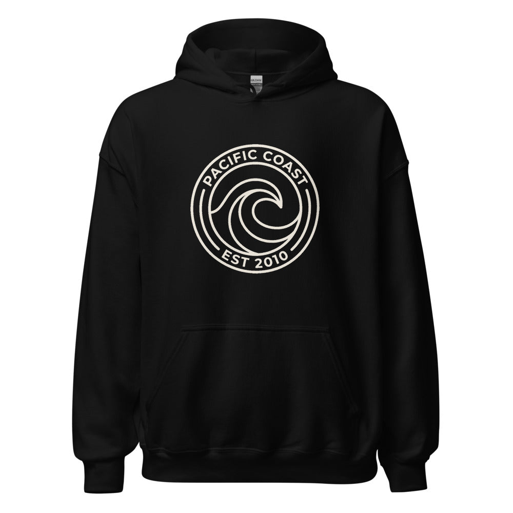 Pacific Coast Wave Badge Pullover Hoodie, Men's, front, black with cream print