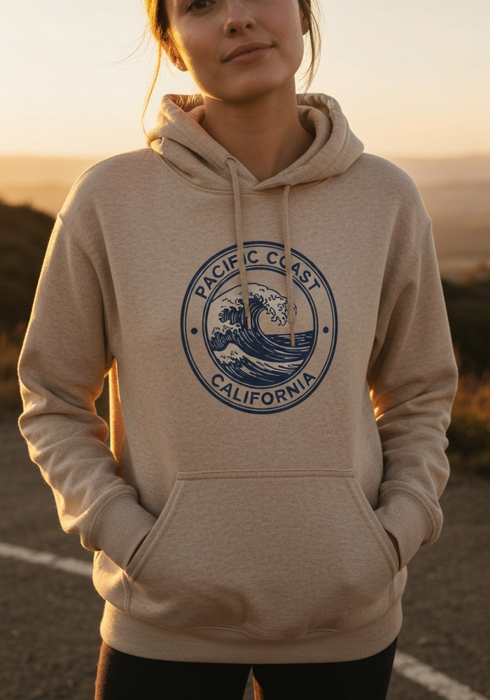 Pacific Coast Wave Badge Hoodie — Women's front view. Cali Life Co. California apparel, designed in San Diego