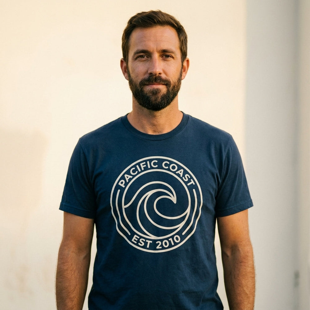 Pacific Coast Wave Badge Tee — Men's front view. Cali Life Co. California apparel, designed in San Diego