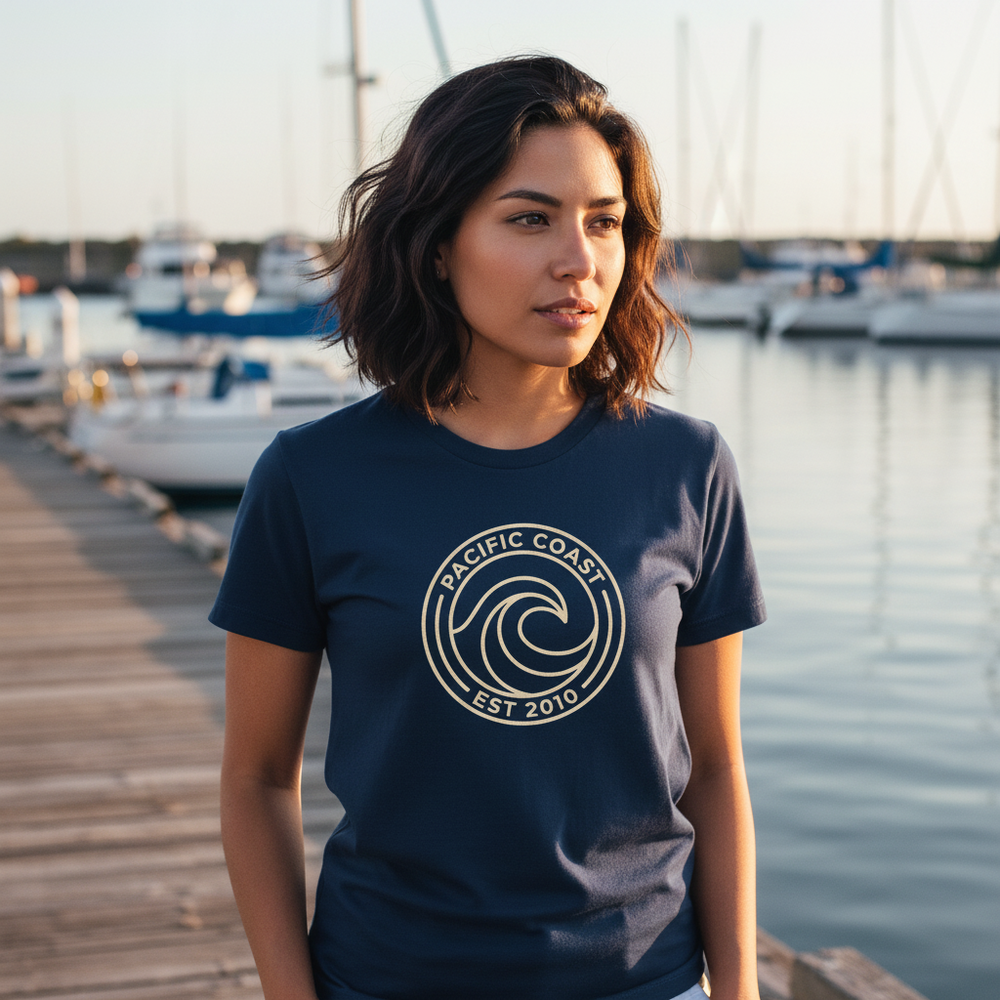 Pacific Coast Wave Badge Tee — Women's front view. Cali Life Co. California apparel, designed in San Diego