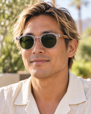 Palm Springs polarized sunglasses worn by a man at an outdoor patio in Palm Springs