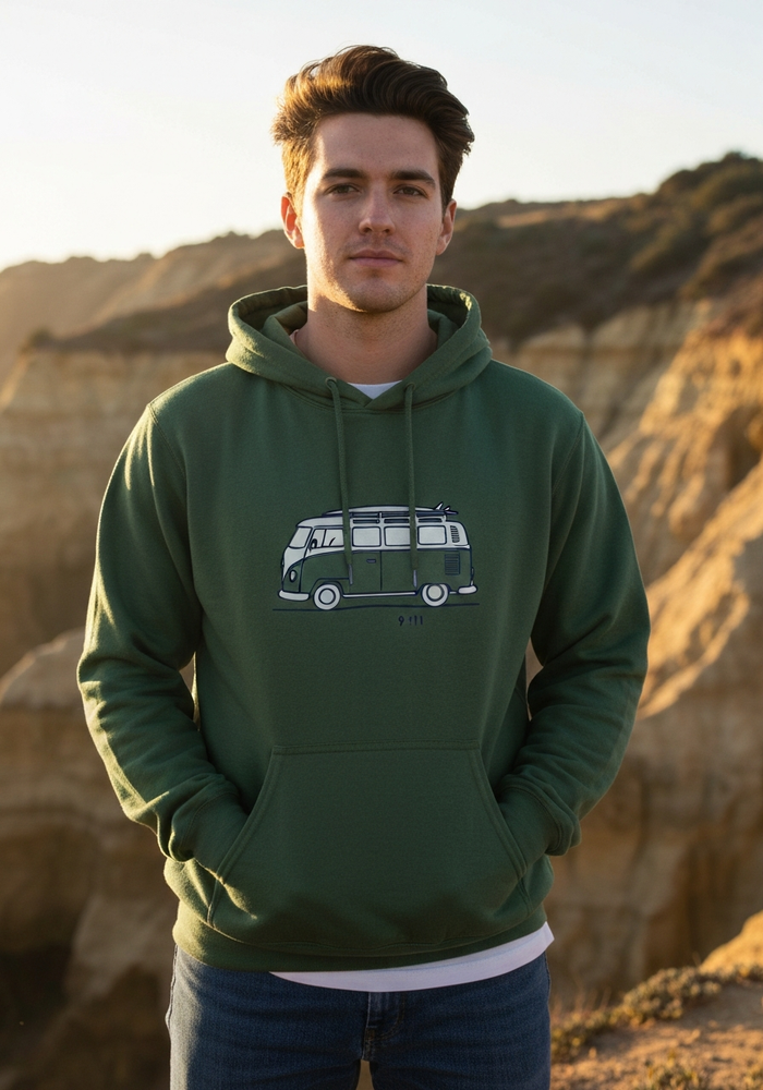 VW Bus Line Art Hoodie — Men's front view. Cali Life Co. California apparel, designed in San Diego