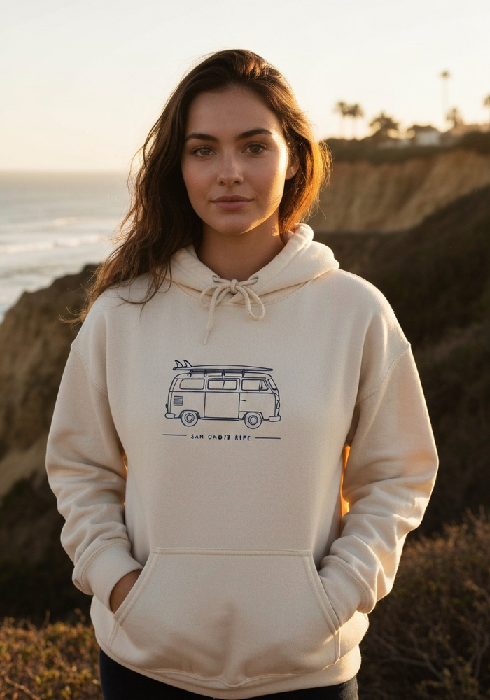 VW Bus Line Art Hoodie — Women's front view. Cali Life Co. California apparel, designed in San Diego