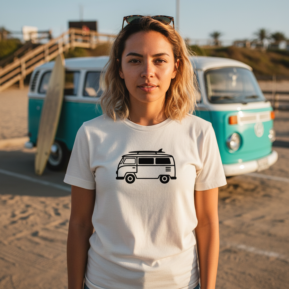 VW Bus Line Art Tee — Women's front view. Cali Life Co. California apparel, designed in San Diego