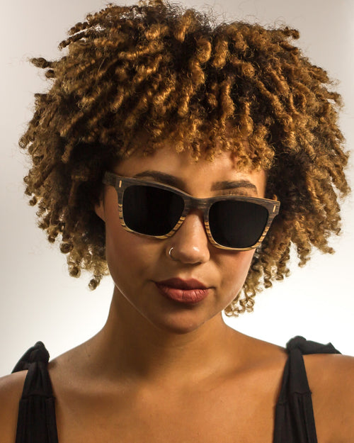 Gold Country Polarized Round Wood Sunglasses worn by a customer model
