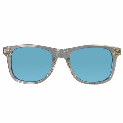 Malibu sunglasses front view, clear acetate frame with turquoise polarized lenses, Cali Life Co