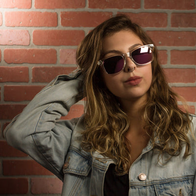 Laguna folded sunglasses view showing bamboo wood temple construction and hinge, Cali Life Co lifetime warranty